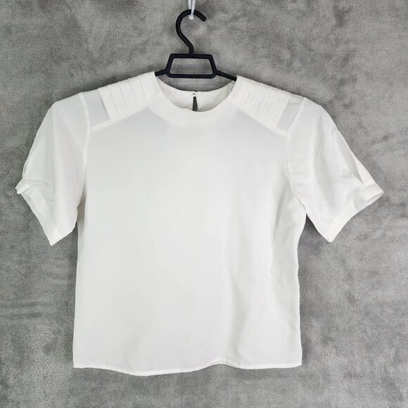 Womens White Michelle Stuart Sheer Blouse Crew Neck Short Sleeve Back Button S - Picture 2 of 7